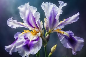 highly detailed, a purple white iris blossom in a soft misty mood, soft lighting, photo illustration, semi transparent, extremely close up, 8k, FlowerStyle, FlowerStyle,FlowerStyle