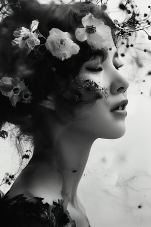 Beautiful female, made with black on white smoky layers, floating embers, surrealism,faize, flowers,