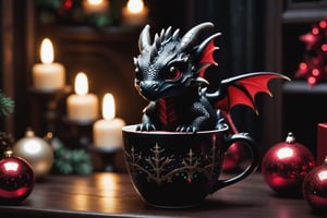 a dark gothic baby dragon in a Christmas cup. surrounding by dark gothic room, soft cinematic lighting, highly detailed, 8k