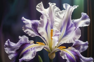 highly detailed, a purple white iris blossom in a soft misty mood, very soft lighting, illustration,  transparent silk stocking like, close up, low contrast, 8k, FlowerStyle, FlowerStyle,FlowerStyle,lineart,LineAniAF