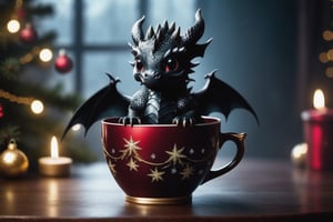 dark gothic baby dragon in a Christmas cup. soft cinematic lighting, highly detailed, 8k