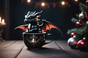 a dark gothic baby dragon in a Christmas cup. surrounding by a cold dark gothic room, soft cinematic lighting, highly detailed, 8k