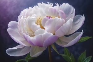 highly detailed, a purple white  peony blossom in a soft misty mood, soft lighting, photo realistic, semi transparent, 8k, FlowerStyle,FlowerStyle