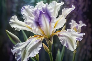 highly detailed, a purple white iris blossom in a soft misty mood, soft lighting, realistic illustration, semi transparent glass like, extremely close up, low contrast, 8k, FlowerStyle, FlowerStyle,FlowerStyle