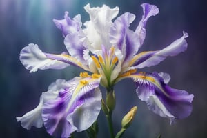 highly detailed, a purple white iris blossom in a soft misty mood, soft lighting, realistic illustration, semi transparent, extremely close up, 8k, FlowerStyle, FlowerStyle,FlowerStyle