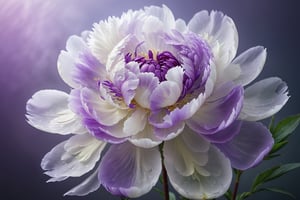 highly detailed, a purple white  peony blossom in a soft misty mood, soft lighting, photo realistic, semi transparent, 8k, FlowerStyle, FlowerStyle