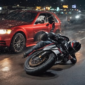 create a biker crashing in the other vehicle on high speed, detaleid crash, nightime , sad mood , photo real, 