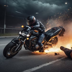 create a biker crashing in the other vehicle on high speed, detaleid crash, nightime , sad mood , photo real, 