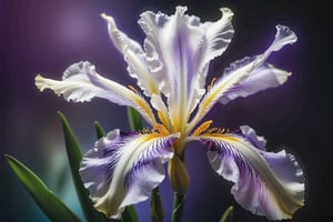 highly detailed, a purple white iris blossom in a soft misty mood, very soft lighting, illustration,  transparent stocking like, close up, low contrast, 8k, FlowerStyle, FlowerStyle,FlowerStyle,lineart,LineAniAF