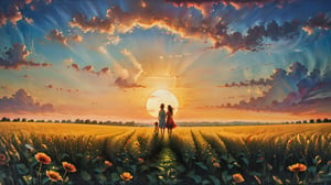 In this marvelous work of art, ,this high-quality photograph is a visual treat that radiates charm, inviting viewers to immerse themselves in its delightful atmosphere. Surrealist art Leonardo Style, ColorArt, 
( a girl and a boy stand back to back in the field, one looking at the sunset, and another rising sun )