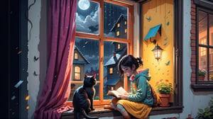dark night, in a cozy home, A girl readading in a window beside a cat , outside the window is a raining stary night, in the style of 2d game art, cinestill 50d, nightmare,  colourful animation stills,Leonardo Style, cyborg style