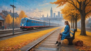In this marvelous work of art, ,this high-quality photograph is a visual treat that radiates charm, inviting viewers to immerse themselves in its delightful atmosphere. Surrealist art Leonardo Style, ColorArt,

A girl is sitting on a bench, surrounded by her bags. She is waiting for the train to arrive. In the background, it's golden autumn view,  you can see the train tracks, the station buildings, and the lights of the city. The colors are mostly blue, grey, and white, creating a sense of anticipation and loneliness.