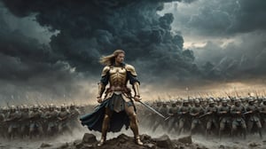 In this marvelous work of art, ,this high-quality photograph is a visual treat that radiates charm, inviting viewers to immerse themselves in its delightful atmosphere. Surrealist art Leonardo Style, ColorArt,

A warrior in an epic pose, standing on a battlefield, with an army of soldiers, in the background, a dark and stormy sky.
