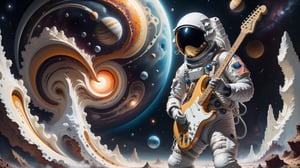 Generate an image of a astronaut standing(PLAYING STRATOCASTER GUITAR), in a surreal universe where dreams materialize as physical objects. Show the character discovering a dream object that holds profound significance to them. This object should be beautifully detailed and symbolic, representing their deepest desires or emotions. Capture the character's emotional reaction as they encounter this extraordinary manifestation, conveying a mix of wonder, nostalgia, and perhaps even a touch of melancholy, creating a visually compelling and emotionally charged scene."