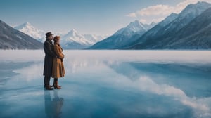 In this marvelous work of art, ,this high-quality photograph is a visual treat that radiates charm, inviting viewers to immerse themselves in its delightful atmosphere. Surrealist art Leonardo Style, ColorArt,
 A man and woman stand on a frozen lake, dressed in winter clothing. The man is looking away from the woman, and the woman is looking at him with a sad expression. The lake is surrounded by snowy mountains, and the sky is a clear, blue winter day. 