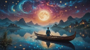 In this marvelous work of art, ,this high-quality photograph is a visual treat that radiates charm, inviting viewers to immerse themselves in its delightful atmosphere. Surrealist art Leonardo Style, ColorArt,
(  A young man standing on a lone boat, rowing in the starry night, besides him are sword, guqin and a jug of wine  )