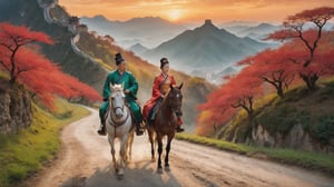 In this marvelous work of art, ,this high-quality photograph is a visual treat that radiates charm, inviting viewers to immerse themselves in its delightful atmosphere. Surrealist art Leonardo Style, ColorArt,
( A man and a woman wearing traditional Chinese clothes riding horses down a mountain road. In the background, there is a large Chinese castle. The scene is lit by a setting sun, casting a warm glow over the entire image. The color is vibrant and rich, with reds, golds, and greens dotting the landscape. )
