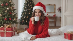In this marvelous work of art, ,this high-quality photograph is a visual treat that radiates charm, inviting viewers to immerse themselves in its delightful atmosphere. Surrealist art Leonardo Style, ColorArt,

A young woman sitting on the edge of a bed, wearing a red sweater and a Santa hat, holding a warm mug in hand, looking at the Christmas tree with a smile, surrounded by Christmas presents in a brightly lit room.
