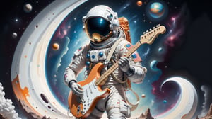 Generate an image of a astronaut standing(PLAYING STRATOCASTER GUITAR), in a surreal universe where dreams materialize as physical objects. Show the character discovering a dream object that holds profound significance to them. This object should be beautifully detailed and symbolic, representing their deepest desires or emotions. Capture the character's emotional reaction as they encounter this extraordinary manifestation, conveying a mix of wonder, nostalgia, and perhaps even a touch of melancholy, creating a visually compelling and emotionally charged scene."