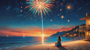 In this marvelous work of art, ,this high-quality photograph is a visual treat that radiates charm, inviting viewers to immerse themselves in its delightful atmosphere. Surrealist art Leonardo Style, ColorArt, in 2d style
(A girl sit beside a beach watching the sky with the teardrop, beside her a firework is burning out, and on the sky full of starts, a shooting star is passing by  )