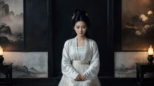 (
A asian woman sitting alone in a dark and empty room, looking at a photo of a asian couple holding hands. She is wearing a white dress and has long, flowing hair. The photo is in black and white, and the asian couple is smiling. The woman's eyes are closed, and she is crying
),(highly detailed long photography), cinematic colors, texture, film grain, (upper body shot:1,1), (cloudy:0.7), hyper detailed, epic composition, official art, unity 8k wallpaper, ultra detailed, masterpiece, best ,HellAI,Landskaper, ((background fire light)), bokeh,szhf dress,hanfu