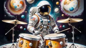 Generate an image of a astronaut standing(PLAYING drum set), in a surreal universe where dreams materialize as physical objects. Show the character discovering a dream object that holds profound significance to them. This object should be beautifully detailed and symbolic, representing their deepest desires or emotions. Capture the character's emotional reaction as they encounter this extraordinary manifestation, conveying a mix of wonder, nostalgia, and perhaps even a touch of melancholy, creating a visually compelling and emotionally charged scene."