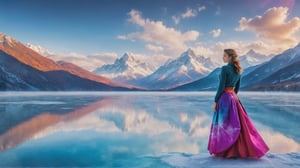 In this marvelous work of art, ,this high-quality photograph is a visual treat that radiates charm, inviting viewers to immerse themselves in its delightful atmosphere. Surrealist art Leonardo Style, ColorArt,
A woman stand on a frozen lake, dressed in colorful skirt,she is looking away.  The lake is surrounded by snowy mountains, and the sky is a cloudy, blue winter day
