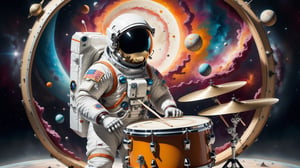Generate an image of a astronaut standing(PLAYING drum set), in a surreal universe where dreams materialize as physical objects. Show the character discovering a dream object that holds profound significance to them. This object should be beautifully detailed and symbolic, representing their deepest desires or emotions. Capture the character's emotional reaction as they encounter this extraordinary manifestation, conveying a mix of wonder, nostalgia, and perhaps even a touch of melancholy, creating a visually compelling and emotionally charged scene."