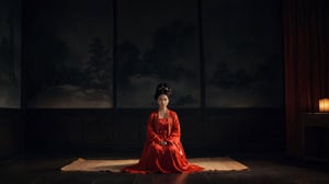 (
A asian woman sits alone in a dark, empty room. She is wearing a red dress and her head is in her hands. The room is lit only by the moonlight coming in through the window. On the floor around her are scattered sheets of music and a guitar
),(highly detailed long photography), cinematic colors, texture, film grain, (upper body shot:1,1), (cloudy:0.7), hyper detailed, epic composition, official art, unity 8k wallpaper, ultra detailed, masterpiece, best ,HellAI,Landskaper, ((background fire light)), bokeh,szhf dress,hanfu