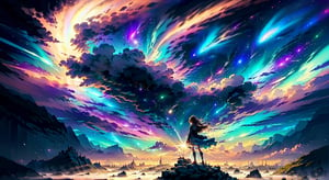 (absurdres, highres, ultra detailed), extremely detailed CG unity 8k wallpaper, anime girl standing on a rock looking at a star filled sky, makoto shinkai cyril rolando, anime art wallpaper 4k, anime art wallpaper 4 k, anime art wallpaper 8 k, cosmic skies. by makoto shinkai, inspired by Cyril Rolando, in the style dan mumford artwork, amazing wallpaper, by Yuumei dynamic background, 4k resolution, masterpiece, best quality, Photorealistic, whimsical, illustration by MSchiffer, cinematic lighting, Hyper detailed, atmospheric, vibrant, dynamic studio lighting, yuzu, woman, ,ellafreya,EpicArt