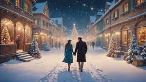 In this marvelous work of art, ,this high-quality photograph is a visual treat that radiates charm, inviting viewers to immerse themselves in its delightful atmosphere. Surrealist art Leonardo Style, ColorArt,

A couple standing in the snow, holding hands, surrounded by Christmas decorations and lights, with a snowy background. The mood is cozy and romantic and love is in the air.

