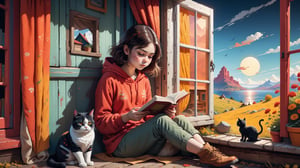 A girl reading in a window beside a cat , in the style of 2d game art, cinestill 50d, nightmare, red and amber, romanticised landscapes, colourful animation stills