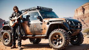 
(a rock star men with guitar beside an all-terrain vehicle )