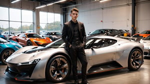

(a men with guitar beside a Concept Cars )