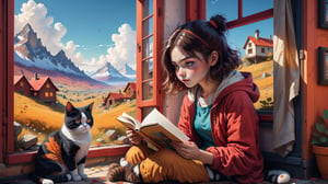 A girl reading in a window beside a cat , in the style of 2d game art, cinestill 50d, nightmare, red and amber, romanticised landscapes, colourful animation stills,Leonardo Style, cyborg style