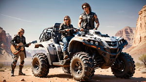 
(a rock star men with guitar beside an all-terrain vehicle )