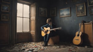 In this marvelous work of art, ,this high-quality photograph is a visual treat that radiates charm, inviting viewers to immerse themselves in its delightful atmosphere. Surrealist art Leonardo Style, ColorArt,
(  A broken-hearted boy sitting alone in a dark room, surrounded by scattered photo frames and a guitar, looking down with a sad expression, with a dim light coming through the window  )