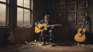 In this marvelous work of art, ,this high-quality photograph is a visual treat that radiates charm, inviting viewers to immerse themselves in its delightful atmosphere. Surrealist art Leonardo Style, ColorArt,
(  A broken-hearted boy sitting alone in a dark room, surrounded by scattered photo frames and a guitar, looking down with a sad expression, with a dim light coming through the window  )