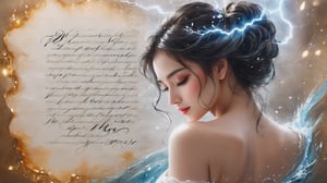 (masterpiece, best quality, photorealistic, high resolution, 8K raw photo) opsional,     highest detailed, detailed_eyes, water, ice, lightning, light_particles, midjourney, better_hands,   perfect, better_hands,
A passionate love letter expressing deep emotions and longing, handwritten with elegant cursive, ink smudges adding a touch of authenticity, a bittersweet declaration of love and yearning, Artwork, calligraphy on parchment paper