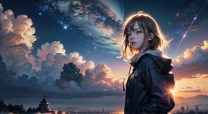 (absurdres, highres, ultra detailed), extremely detailed CG unity 8k wallpaper, anime girl standing on a rock looking at a star filled sky, makoto shinkai cyril rolando, anime art wallpaper 4k, anime art wallpaper 4 k, anime art wallpaper 8 k, cosmic skies. by makoto shinkai, inspired by Cyril Rolando, in the style dan mumford artwork, amazing wallpaper, by Yuumei dynamic background, 4k resolution, masterpiece, best quality, Photorealistic, whimsical, illustration by MSchiffer, cinematic lighting, Hyper detailed, atmospheric, vibrant, dynamic studio lighting, yuzu, woman, ,ellafreya