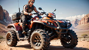 
(a rock star men with guitar beside an all-terrain vehicle )