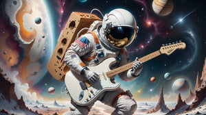 Generate an image of a astronaut standing(PLAYING STRATOCASTER GUITAR), in a surreal universe where dreams materialize as physical objects. Show the character discovering a dream object that holds profound significance to them. This object should be beautifully detailed and symbolic, representing their deepest desires or emotions. Capture the character's emotional reaction as they encounter this extraordinary manifestation, conveying a mix of wonder, nostalgia, and perhaps even a touch of melancholy, creating a visually compelling and emotionally charged scene."