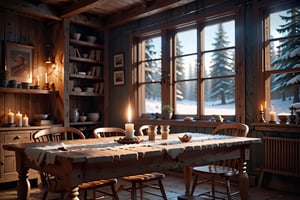 Masterpiece, 4k, High Resolution, Octane Render, Unreal Engine 5, Award Winning, Dramatic Lighting, Intricate, 8k Highly Professional Detail, HDR, Smooth, Sharp Focus, Illustration, Unreal Engine 5, Octane Render, Cinematic Light, dynamic volumetric lighting, 

(A dark empty room in a wooden house, with snow falling outside the window. The only light comes from a small candle on a table in the foreground. A figure sits at the table, their face hidden by their hands.)