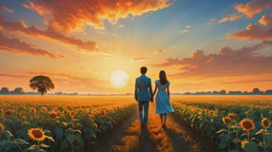 In this marvelous work of art, ,this high-quality photograph is a visual treat that radiates charm, inviting viewers to immerse themselves in its delightful atmosphere. Surrealist art Leonardo Style, ColorArt, 
( a girl and a boy stand back to back in the field, one looking at the sunset, and another rising sun )