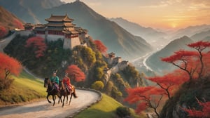 In this marvelous work of art, ,this high-quality photograph is a visual treat that radiates charm, inviting viewers to immerse themselves in its delightful atmosphere. Surrealist art Leonardo Style, ColorArt,
( A man and a woman wearing traditional Chinese clothes riding horses down a mountain road. In the background, there is a large Chinese castle. The scene is lit by a setting sun, casting a warm glow over the entire image. The color is vibrant and rich, with reds, golds, and greens dotting the landscape. )