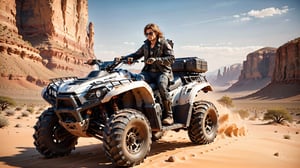 
(in a desert, a rock star men with guitar beside an all-terrain vehicle )