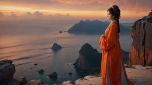 (
A lone  asian girl standing on a cliff, looking out at the ocean. The sun is setting, and the sky is ablaze with color. The asian girl is silhouetted against the sky, and their face is obscured. They are wearing a long coat, and their hair is blowing in the wind. In the background there are two other people kissing. The colors are somber in the foreground but gradually become more vibrant and saturated in the background
),(highly detailed long photography), cinematic colors, texture, film grain, (upper body shot:1,1), (cloudy:0.7), hyper detailed, epic composition, official art, unity 8k wallpaper, ultra detailed, masterpiece, best ,HellAI,Landskaper, ((background fire light)), bokeh,szhf dress,hanfu