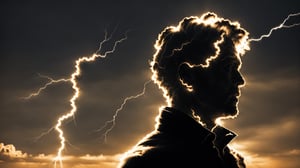 A man made from lightning spark and black cloud, realistic, silhouette, photo-realistic, high_resolution, 32k, high contrast, vibrant, 