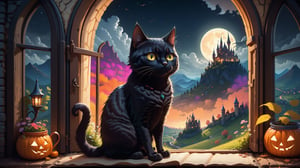 dark night, in a cozy home,  a black cat narrating a story to a wide-eyed girl, creating an atmosphere of wonder and magic, outside the window is a fairy tale castle on top of hill, in the style of 2d game art, cinestill 50d, warm light, nightmare,  colourful animation stills,Leonardo Style, cyborg style