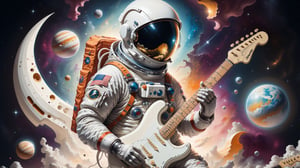 Generate an image of a astronaut standing(PLAYING STRATOCASTER GUITAR), in a surreal universe where dreams materialize as physical objects. Show the character discovering a dream object that holds profound significance to them. This object should be beautifully detailed and symbolic, representing their deepest desires or emotions. Capture the character's emotional reaction as they encounter this extraordinary manifestation, conveying a mix of wonder, nostalgia, and perhaps even a touch of melancholy, creating a visually compelling and emotionally charged scene."